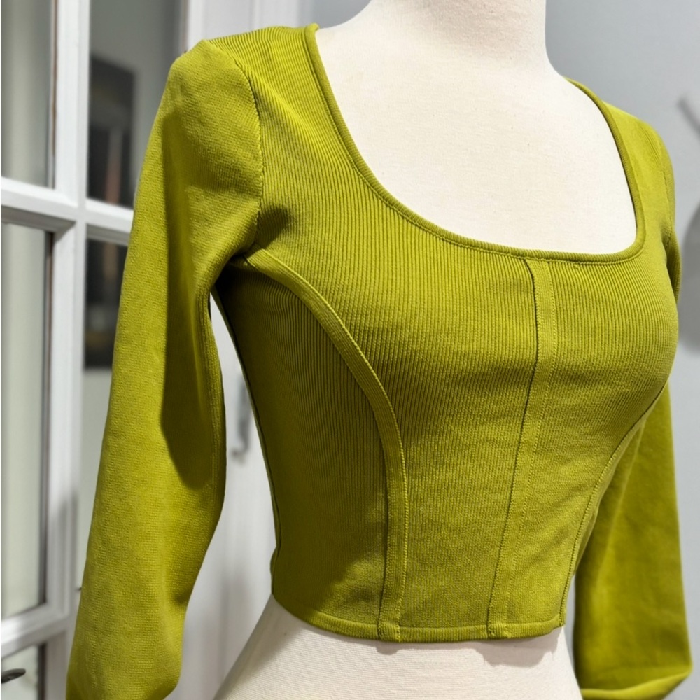 Happily Grey Ribbed Cropped Long Sleeve Top in Chartreuse/Lime Green